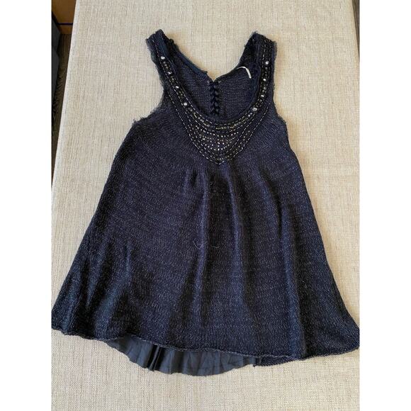FREE PEOPLE Mini Dress Boho chic Beaded Black Silver Knit Raw Edges M - Picture 1 of 8